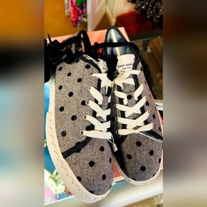 KATE SPADE CANVAS TENNIS SHOES 8.5 MULTI COLOR GREY/BLK POK DOT